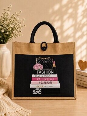 Custom Canvas Tote Bag, Large Size - Fashion Books Theme, Cream Tote